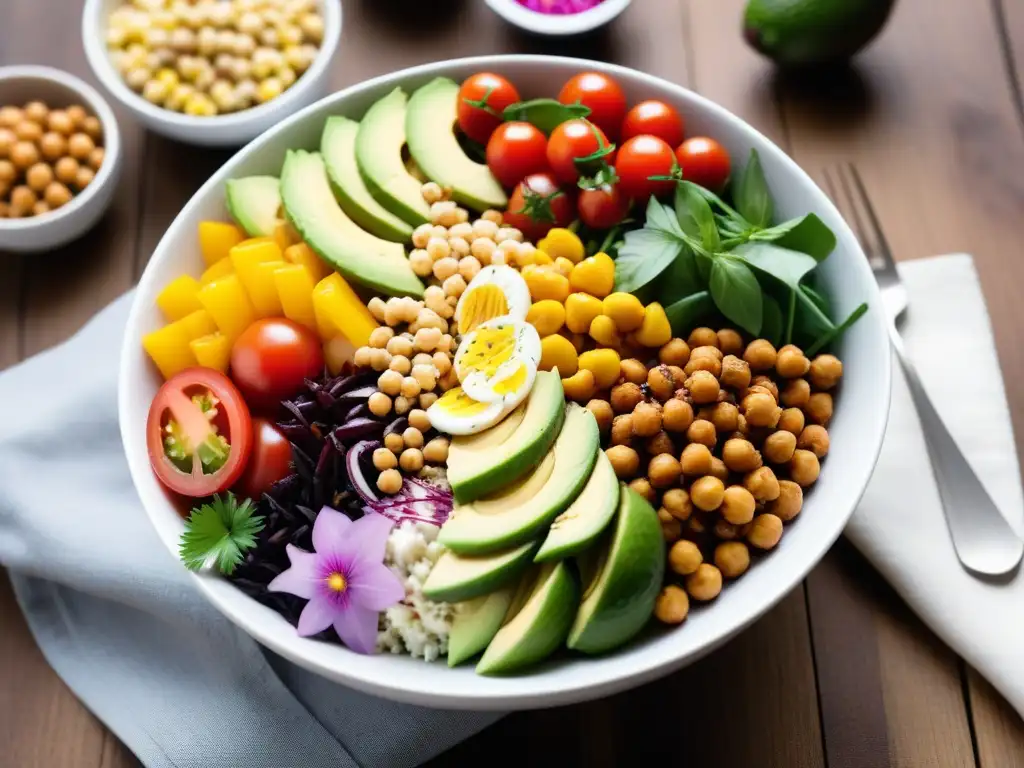 Una deliciosa ensalada vegana llena de color y frescura en una mesa rústica