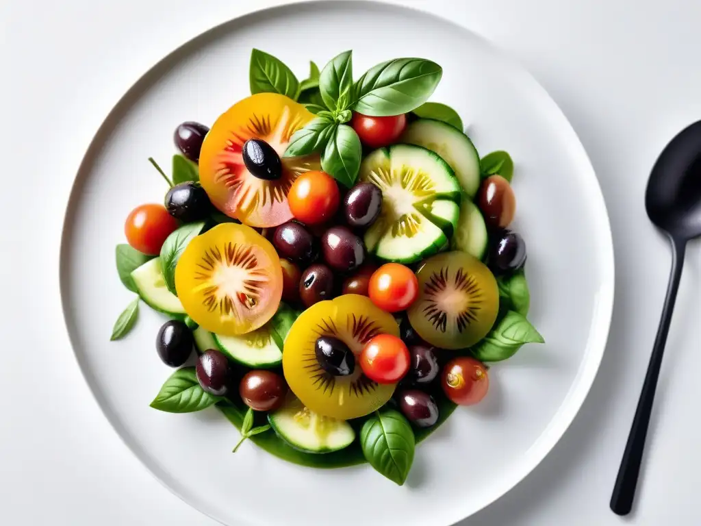 Deliciosa ensalada vegana mediterránea con tomates, pepinos, aceitunas y albahaca en plato blanco