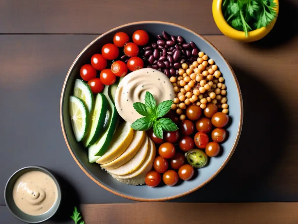 Deliciosa ensalada vegana mediterránea con legumbres y aderezo de limón tahini