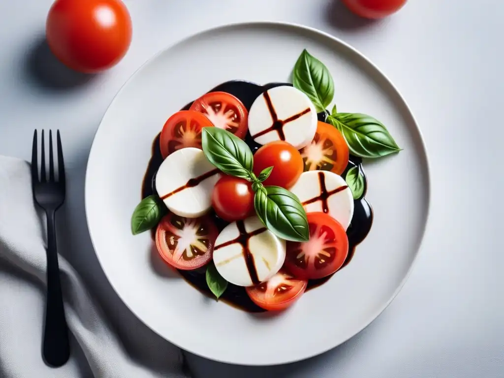 Deliciosa ensalada Caprese vegana con queso mozzarella vegano casero, tomates maduros, albahaca fresca y balsámico