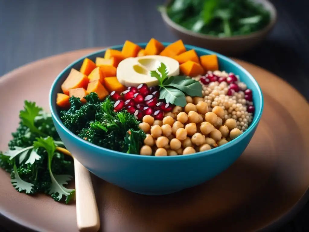 Deliciosa ensalada vegana de Medio Oriente con superfoods como quinoa, garbanzos y aderezo de tahini sobre una mesa de madera moderna