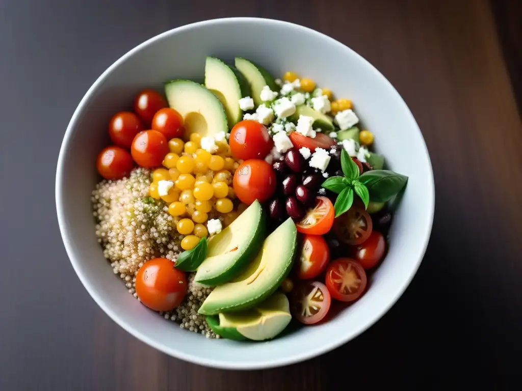 Ensalada de quinoa vibrante y fresca: colores y sabores veganos Deliciosa ensalada de quinoa vegana, con tomates, pepinos, aguacate y queso feta