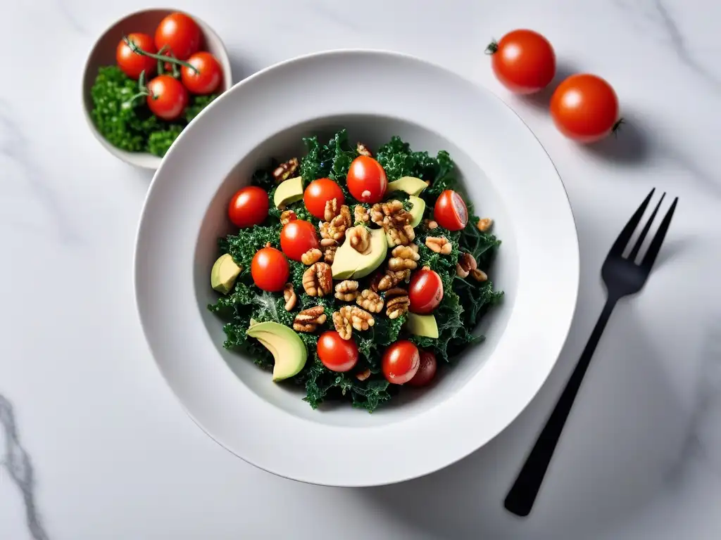 Deliciosa ensalada vegana de kale con tomates cherry, aguacate y nueces en un elegante tazón blanco sobre encimera de mármol