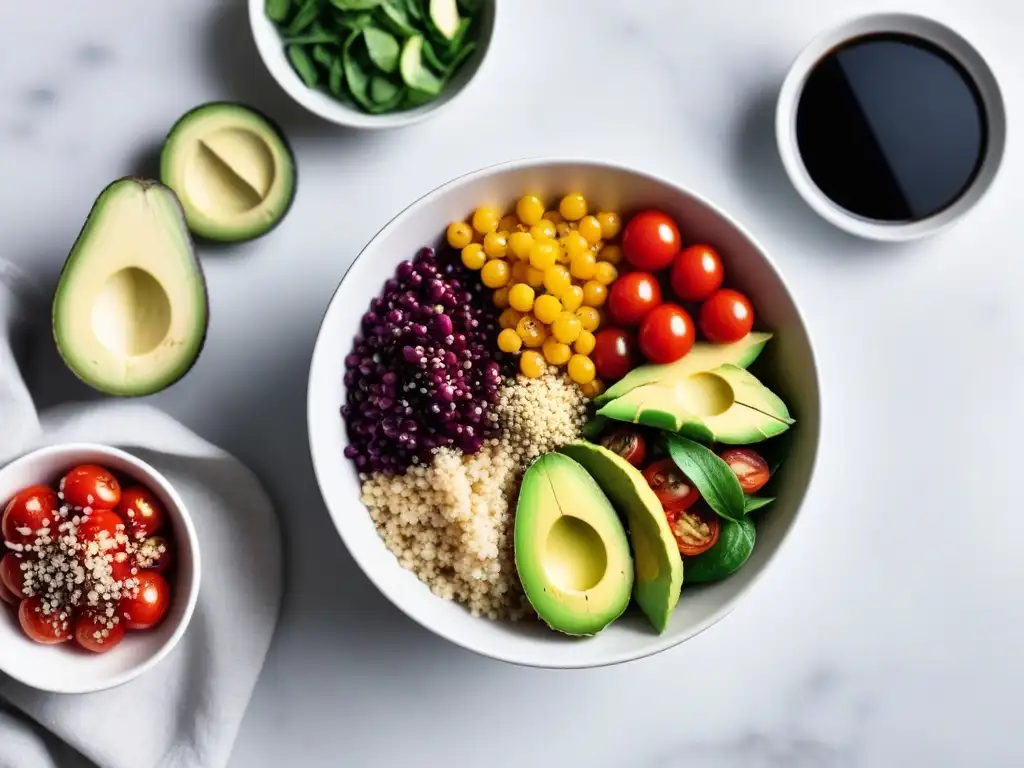 Deliciosa ensalada de quinoa vegana con vegetales frescos y aguacate, bañada en vinagreta balsámica