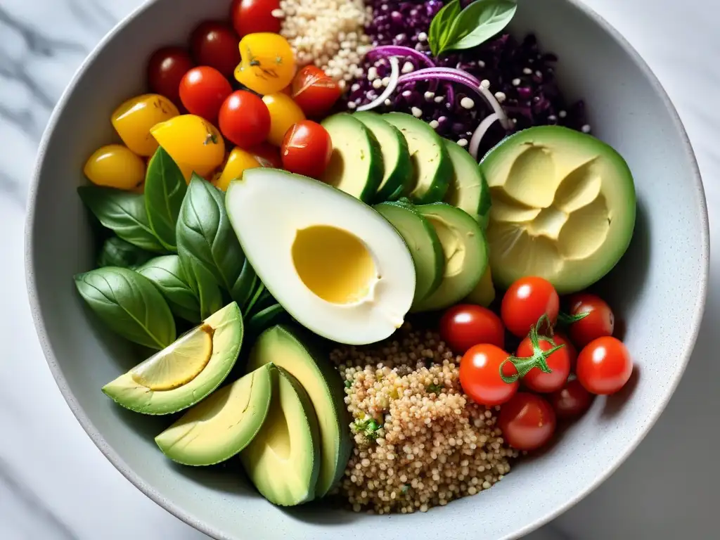 Una deliciosa ensalada vegana de quinoa con vegetales frescos y aderezo de limón, sobre una encimera de mármol