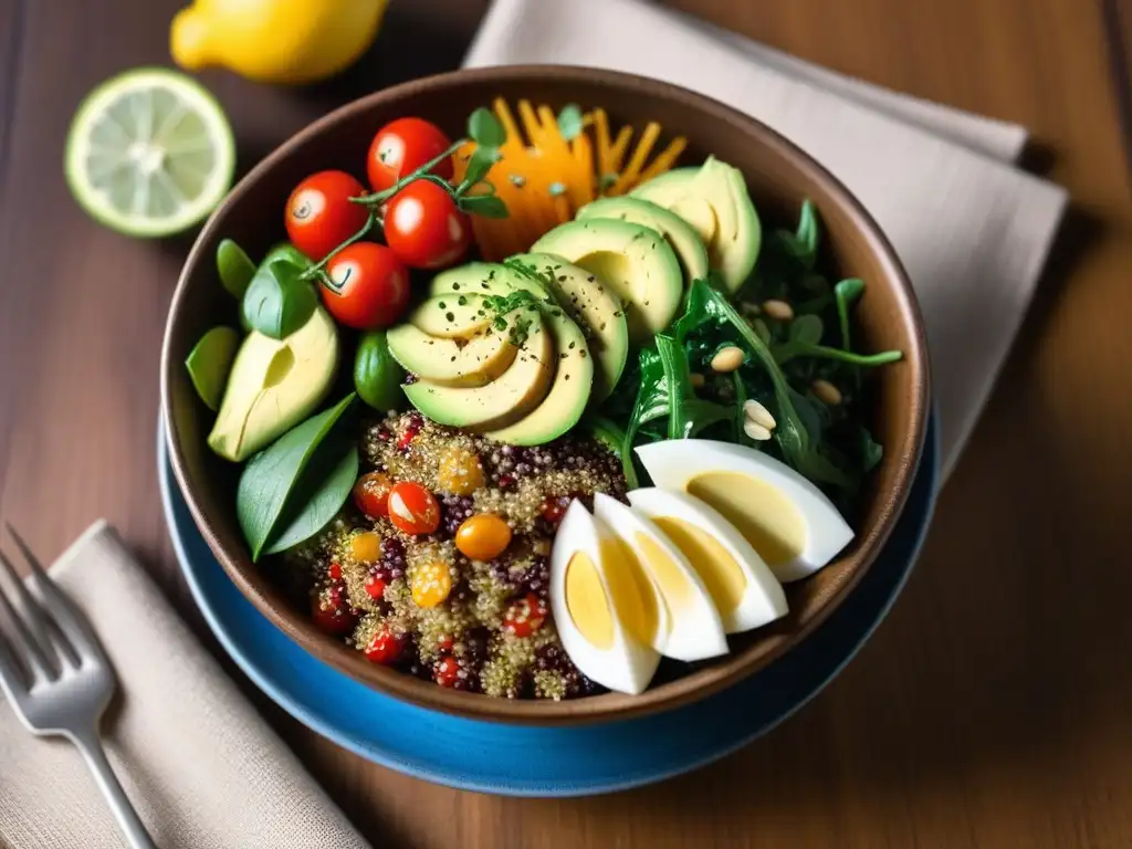 Deliciosa ensalada vegana con quinoa, verduras frescas y aderezo, resaltando los beneficios de la quinoa como superfood vegano