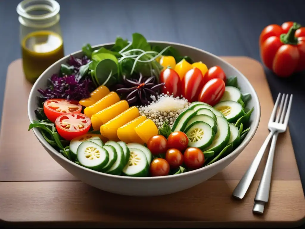 Una deliciosa ensalada vegana con vinagreta casera, vegetales frescos y coloridos sobre una mesa de madera moderna