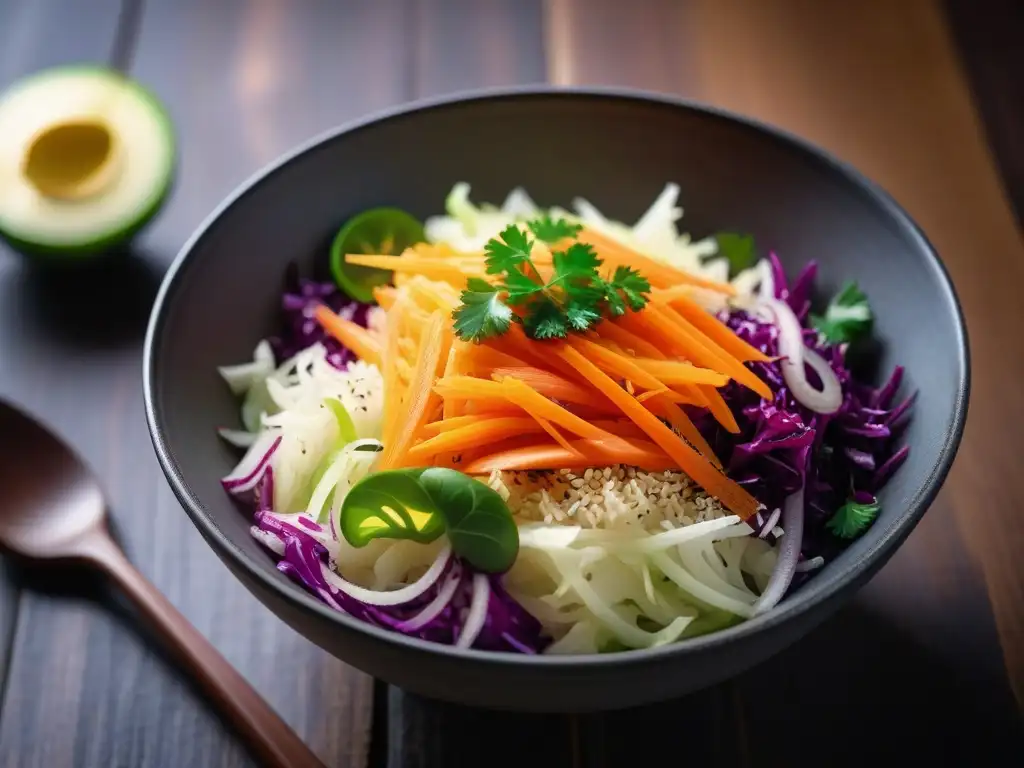 Ensalada vegana de chucrut vibrante y detallada Deliciosa ensalada vegana con Sauerkraut Europa, col morada y zanahorias en un bol sobre mesa de madera