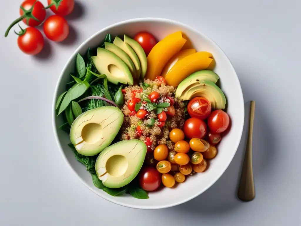 Deliciosa ensalada de quinoa con vegetales coloridos en bol blanco