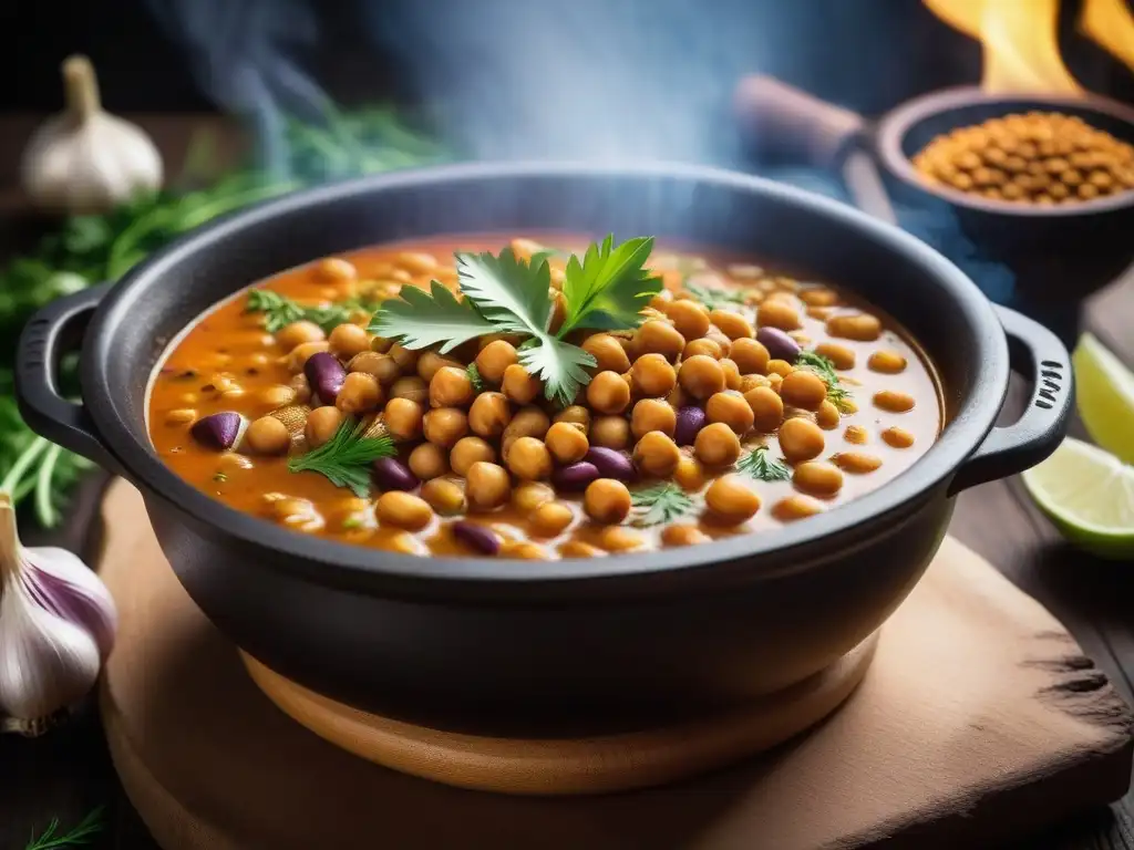 Una deliciosa escena de cocina vegana africana con legumbres en ebullición sobre fuego de leña