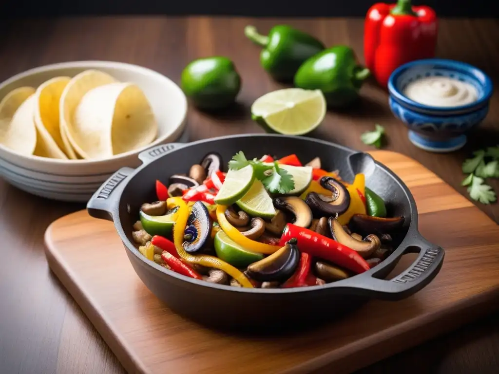 Deliciosa sartén de fajitas con queso Monterrey Jack vegano, verduras a la parrilla y decoración mexicana