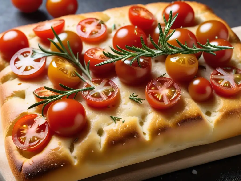 Deliciosa focaccia vegana sin gluten con tomates cherry, romero y sal marina, exudando encanto rústico y sofisticación gourmet