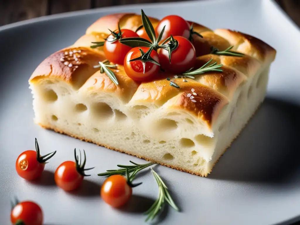 Deliciosa focaccia vegana sin gluten con tomates cherry, romero y sal marina, sobre un fondo minimalista resaltando su textura y crujiente dorado