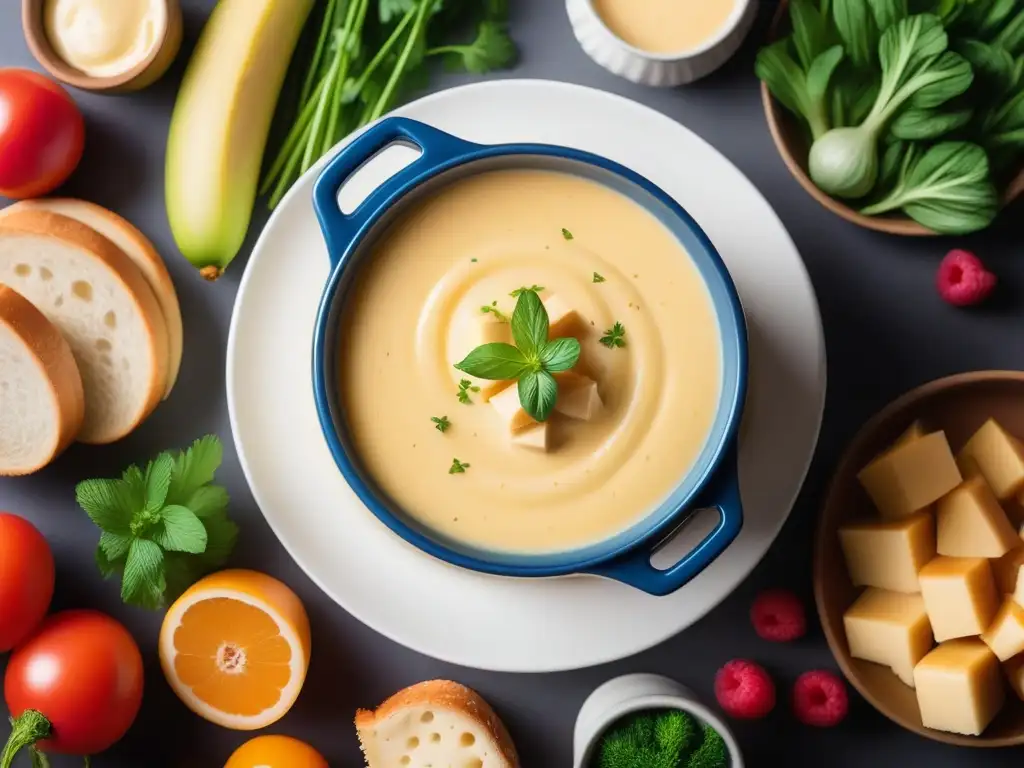 Fondue vegano: lujo cremoso y vibrante Deliciosa fondue vegana rodeada de coloridos ingredientes para sumergir