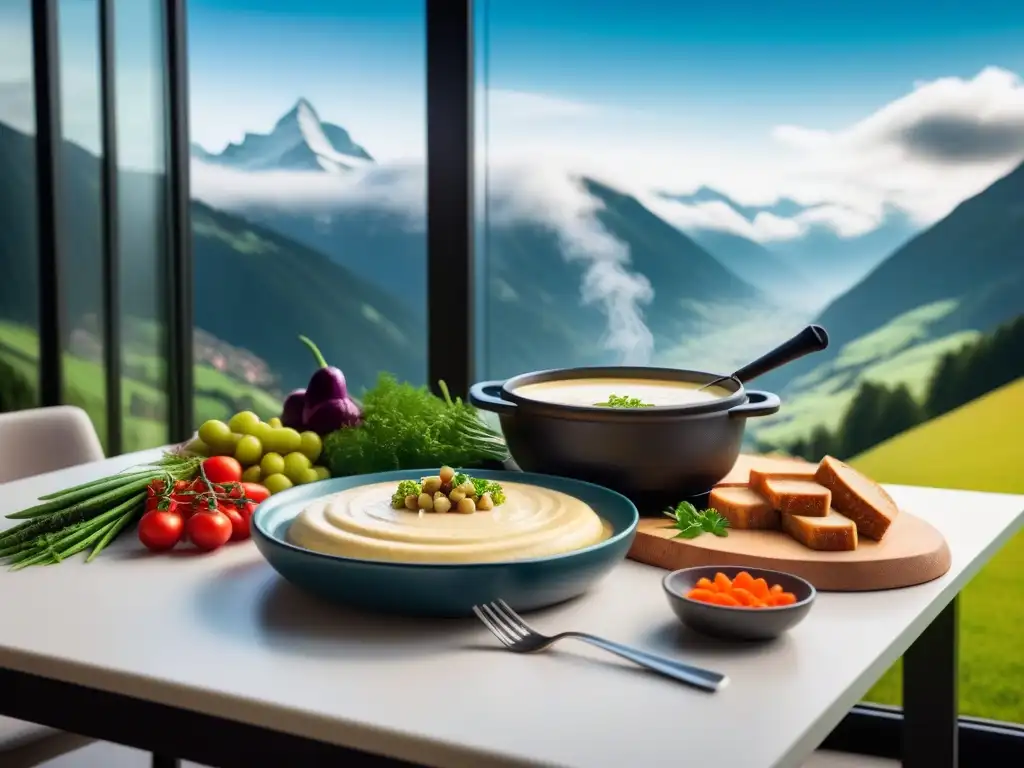 Deliciosa fondue vegana suiza con vegetales coloridos y pan, en un entorno elegante con vistas a los Alpes