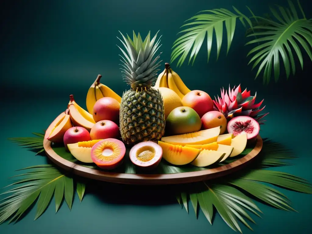 Deliciosa fuente de frutas tropicales en un plato de madera con hojas verdes exuberantes