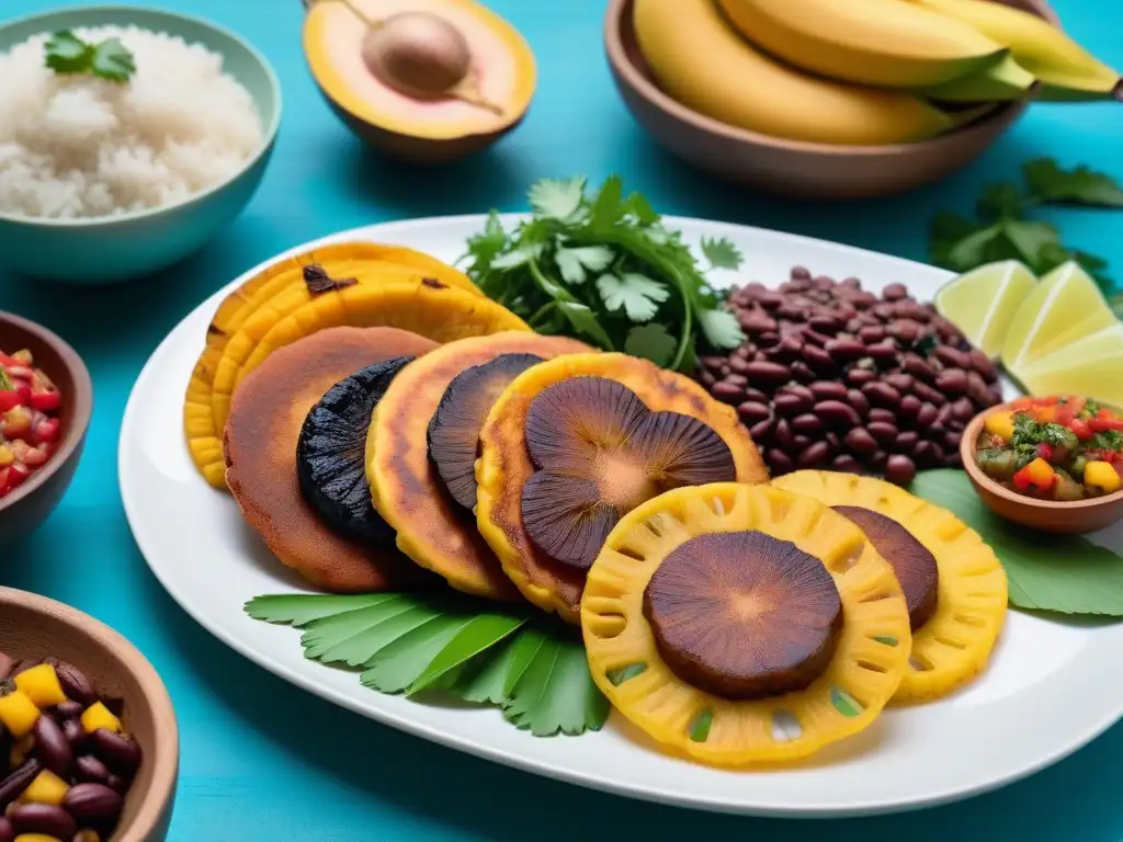 Deliciosa gastronomía vegana caribeña exquisita con platos coloridos y frescos, listos para saborear en un entorno tropical