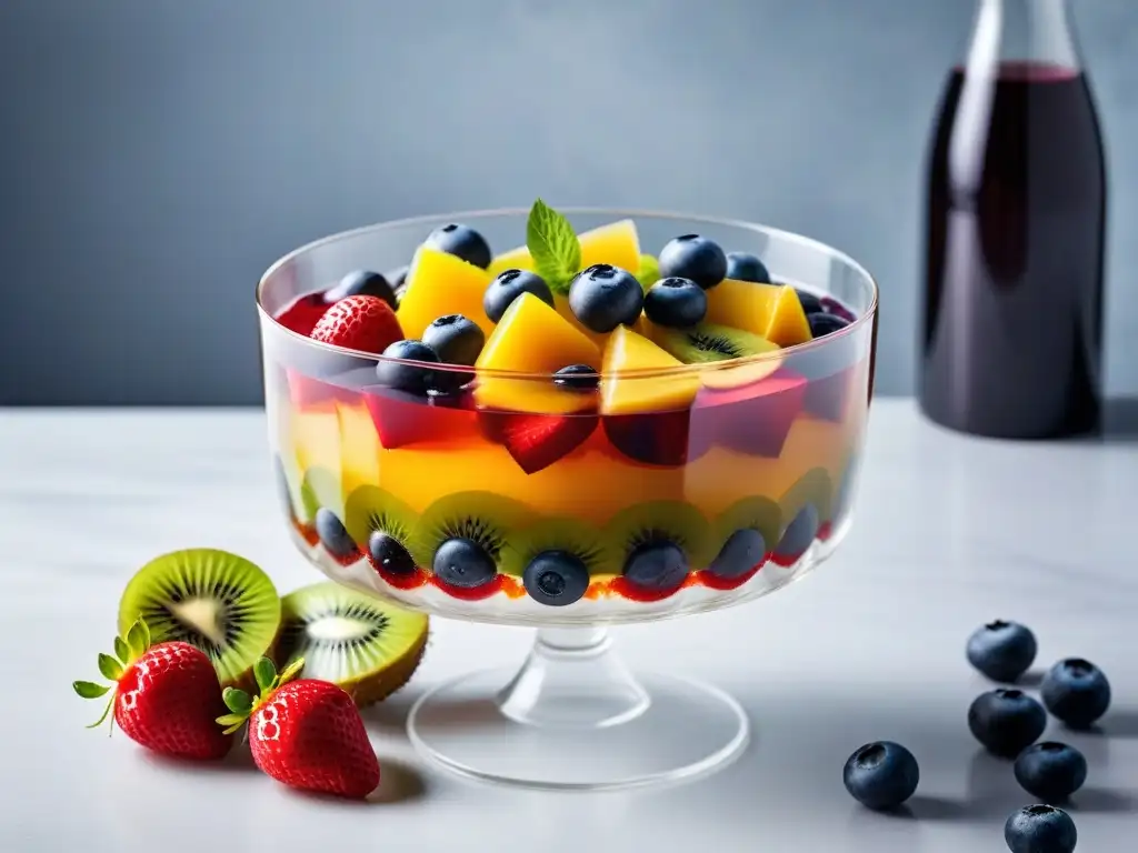 Deliciosa gelatina vegana de frutas con fresas, arándanos, kiwi y mango en un bol de vidrio transparente en una cocina moderna