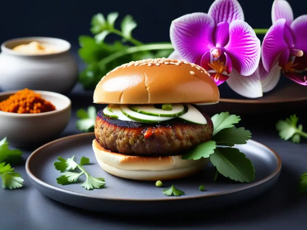 Deliciosa hamburguesa vegana asiática con sabores tradicionales y presentación elegante