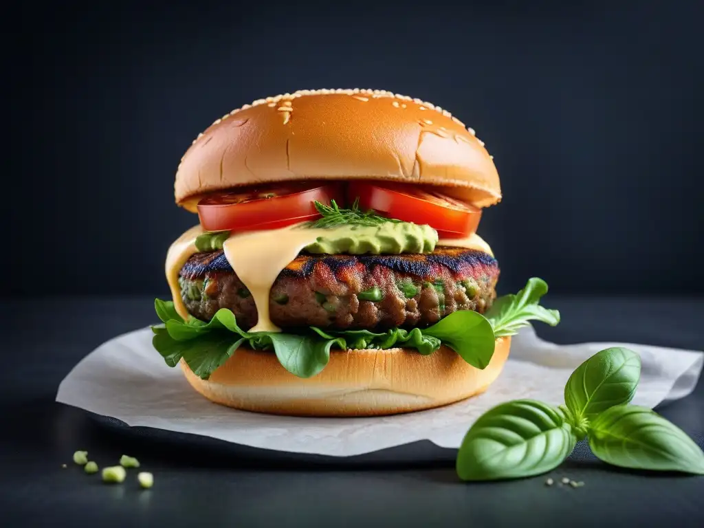 Deliciosa hamburguesa vegana estilo americano con jugosas capas de ingredientes frescos y coloridos en un montaje artístico