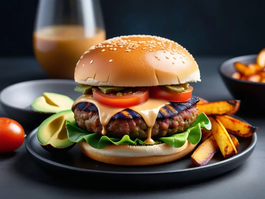 Deliciosa hamburguesa vegana estilo americano con aguacate, cebolla caramelizada, lechuga y mayo chipotle en pan brioche tostado