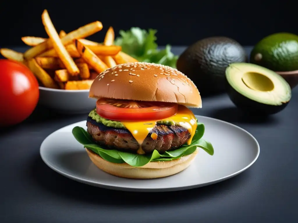 Deliciosa hamburguesa vegana con papas fritas de batata y salsa de aguacate y lima