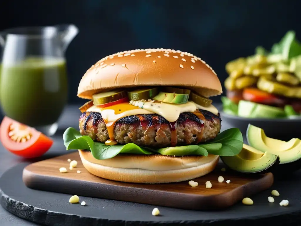 Deliciosa hamburguesa vegana gourmet con ingredientes frescos y coloridos en un pan brioche esponjoso