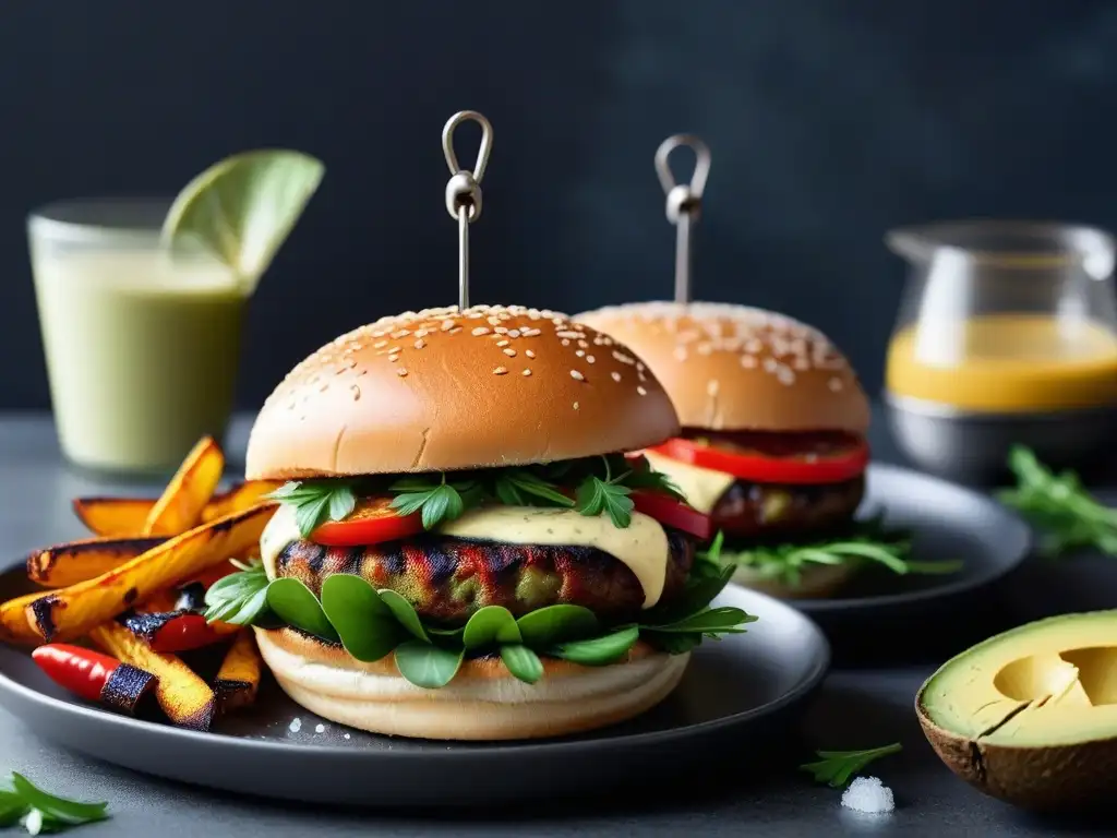 Deliciosa hamburguesa vegana gourmet con ingredientes frescos y coloridos sobre un plato minimalista, acompañada de crujientes papas dulces