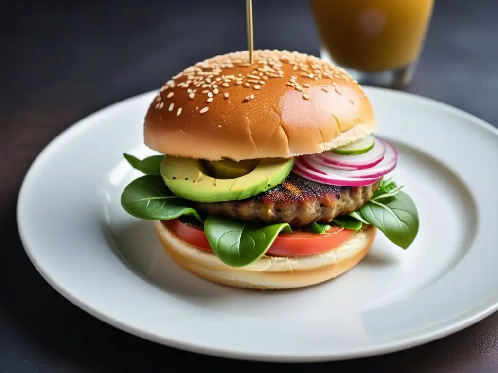 Deliciosa hamburguesa vegana gourmet con aguacate, rúcula, cebolla encurtida y tahini, en pan brioche tostado