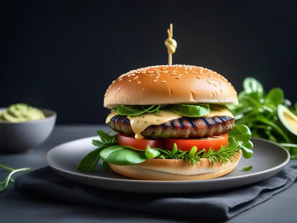 Una deliciosa hamburguesa vegana gourmet en un entorno de cocina industrial