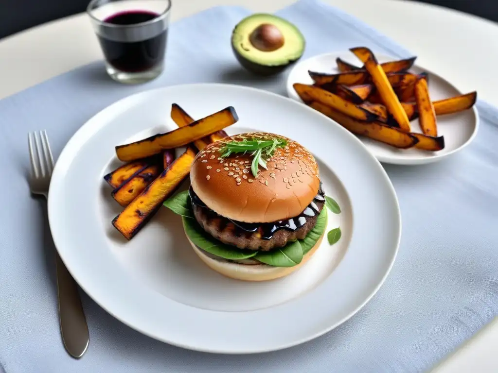 Deliciosa hamburguesa vegana gourmet con papas fritas de batata trufadas, en una elegante presentación