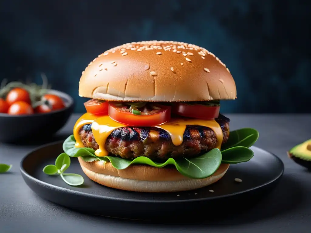 Deliciosa hamburguesa vegana gourmet con alternativas veganas para antojos