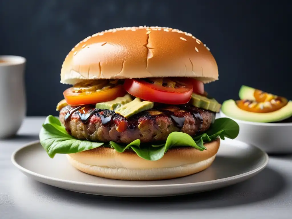 Deliciosa hamburguesa vegana gourmet con patty de plantas, aguacate, cebolla caramelizada, lechuga, tomate y salsa vegana