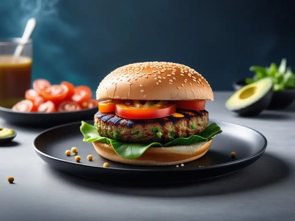 Deliciosa hamburguesa vegana gourmet en un plato minimalista, con ingredientes frescos y coloridos