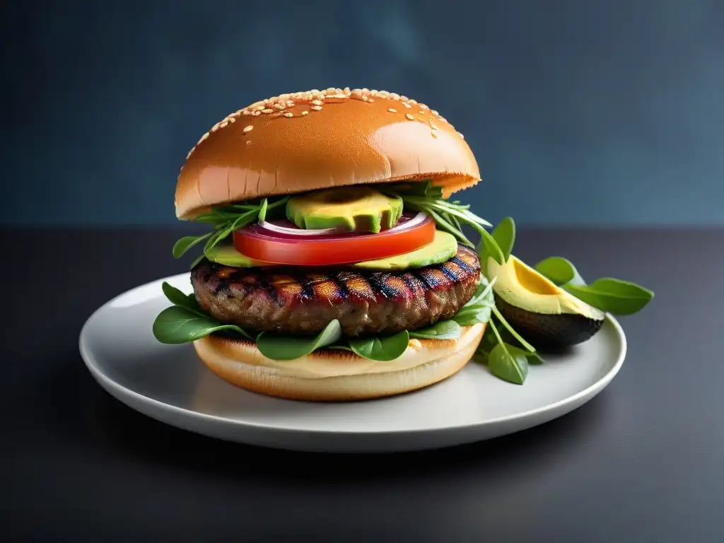 Deliciosa hamburguesa vegana gourmet con textura y colores vibrantes en un plato blanco minimalista