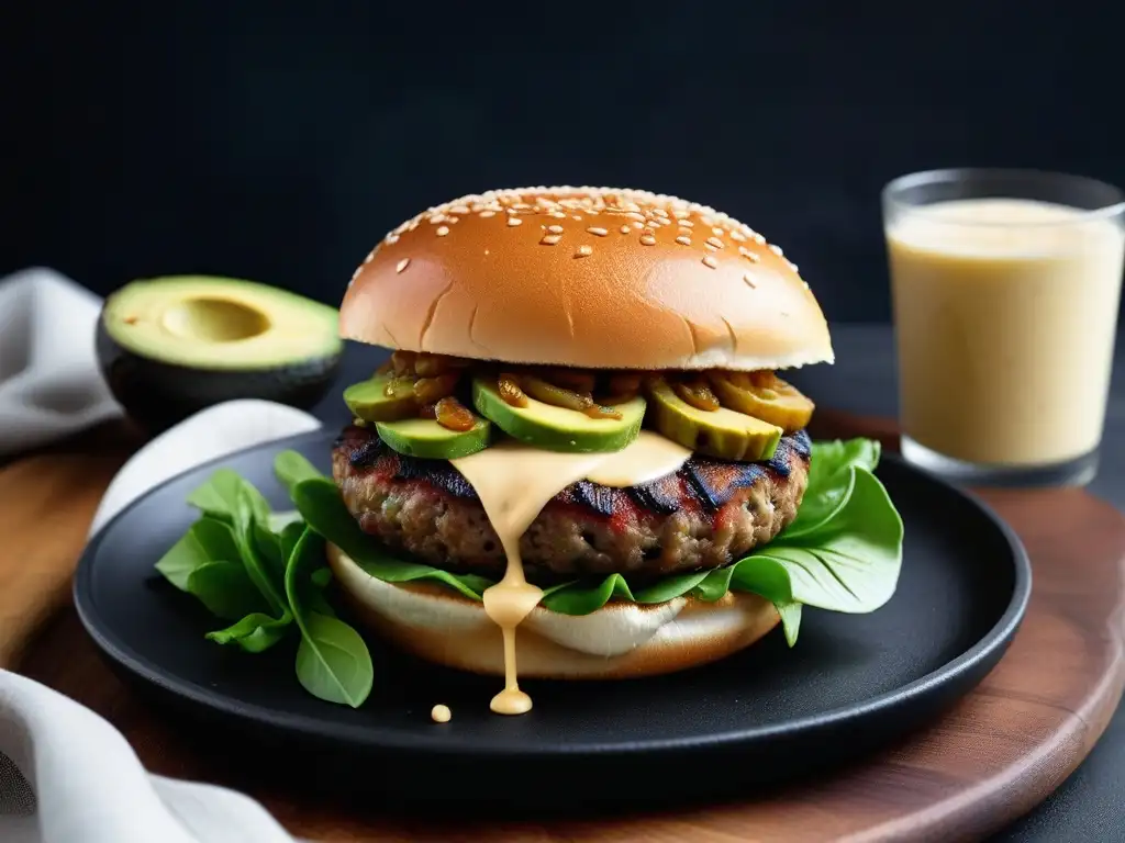 Deliciosa hamburguesa vegana gourmet con patty de plantas, aguacate, cebolla caramelizada, lechuga y aioli vegano en plato negro