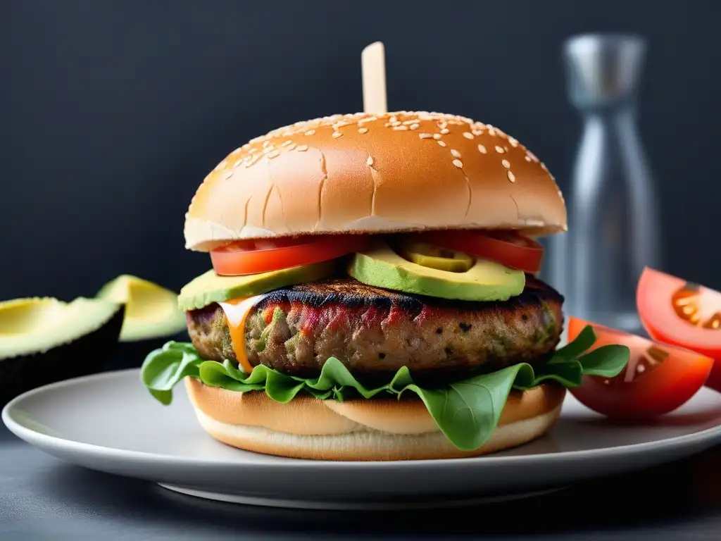 Una deliciosa hamburguesa vegana gourmet, con un sabroso filete de origen vegetal y coloridos ingredientes frescos, en un pan brioche tostado