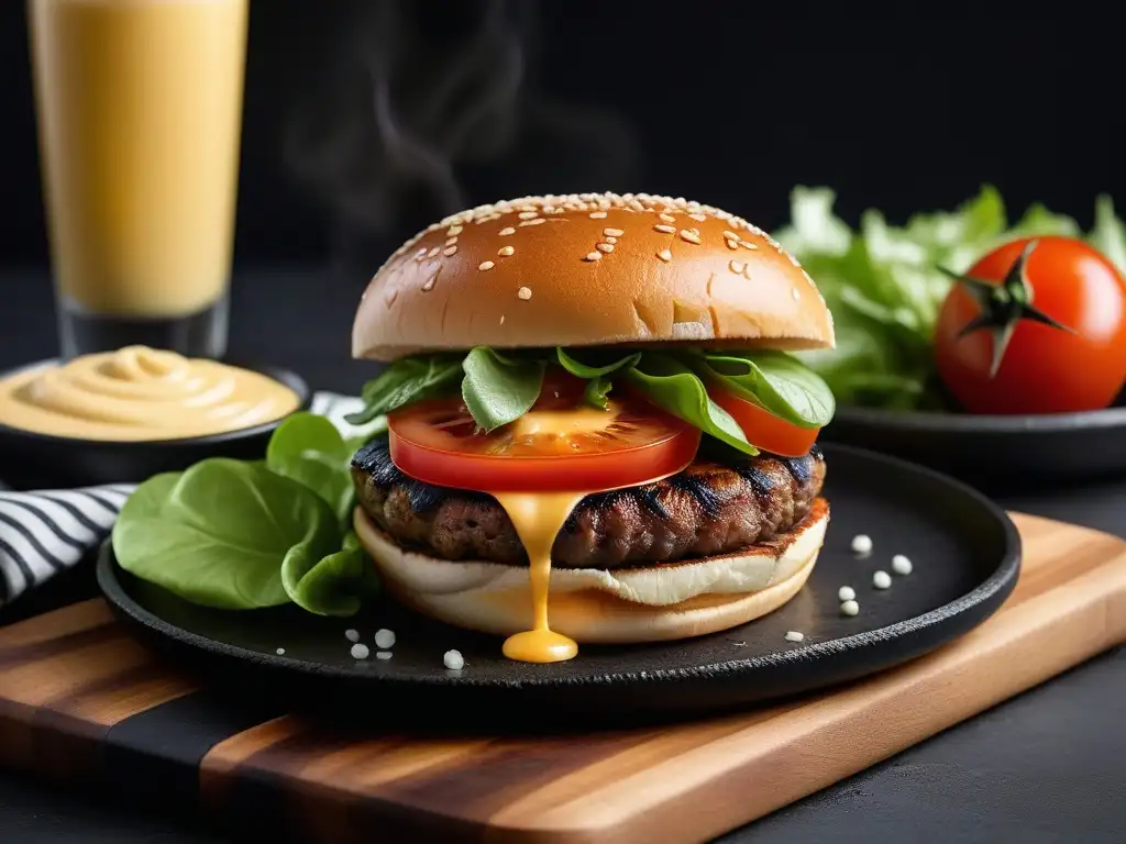 Deliciosa hamburguesa vegana gourmet con queso libre de lácteos, lechuga fresca, tomate maduro y salsa vegana, en una parrilla de carbón