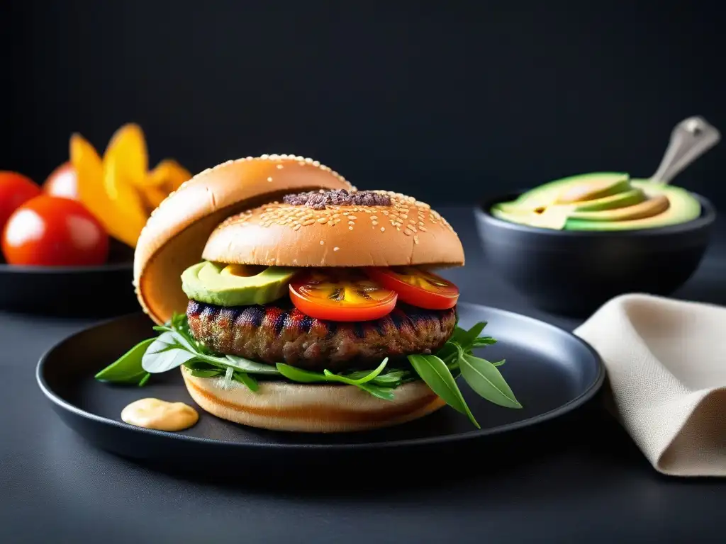 Deliciosa hamburguesa vegana gourmet con aguacate, cebolla caramelizada y alioli trufado, acompañada de crujientes papas