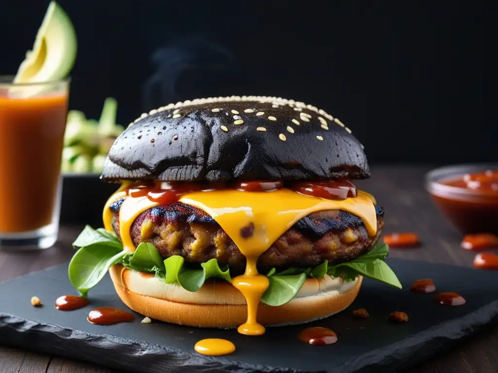 Deliciosa hamburguesa vegana a la parrilla con queso sin lácteos, aguacate, lechuga y salsa BBQ