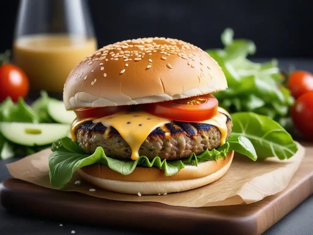 Deliciosa hamburguesa vegana con queso Colby, lechuga fresca y tomate jugoso en un pan de sésamo tostado