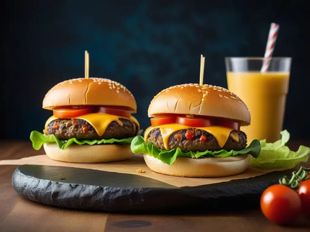 Deliciosa hamburguesa vegana con queso Colby fundido, lechuga fresca y tomate maduro en un pan tostado, sobre un fondo moderno