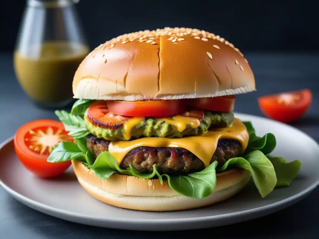 Deliciosa hamburguesa vegana con queso Colby, lechuga, tomate y aguacate en bollo de brioche