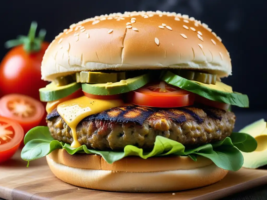 Deliciosa hamburguesa vegana con queso Colby, lechuga, tomate y aguacate en pan de ajonjolí