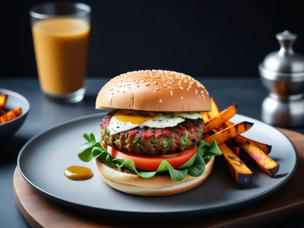 Deliciosa hamburguesa vegana con queso y papas fritas, en plato moderno