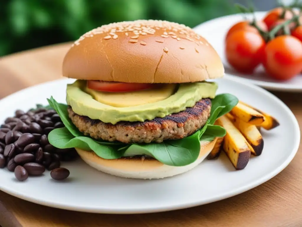 Deliciosa hamburguesa vegana con queso sin lácteos y aguacate en un plato blanco