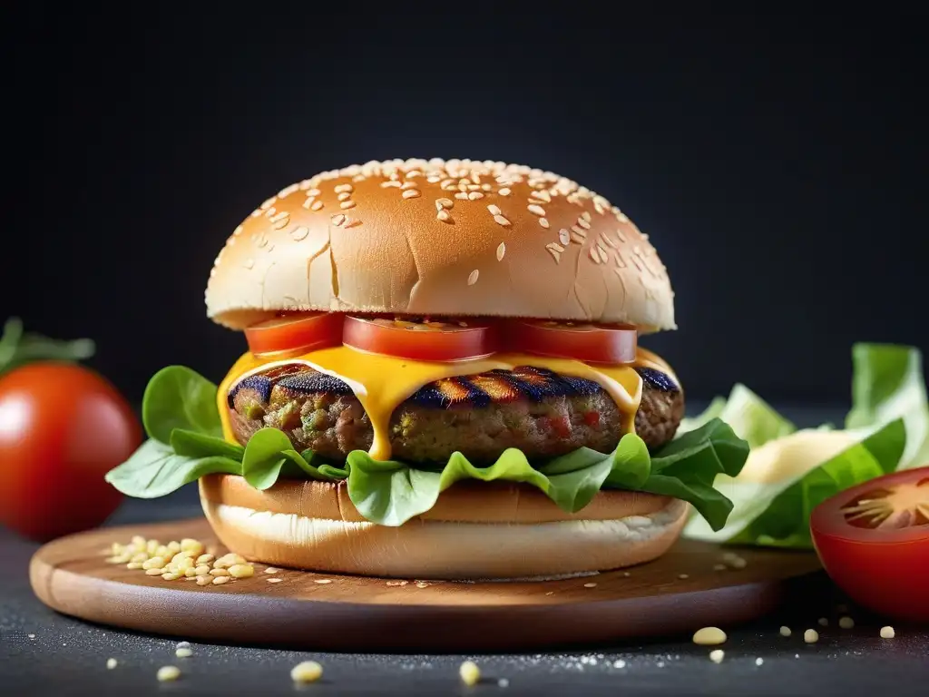 Deliciosa hamburguesa vegana con queso derretido, lechuga fresca y tomate maduro en un pan integral dorado