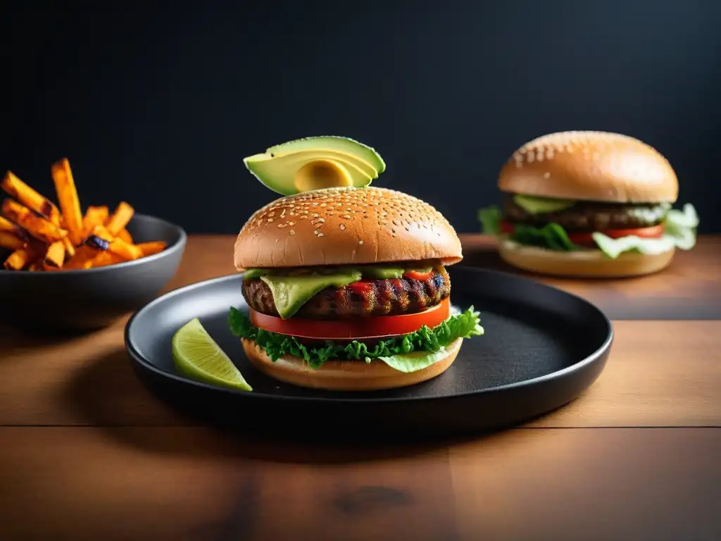 Deliciosa hamburguesa vegana y saludable con papas fritas de camote