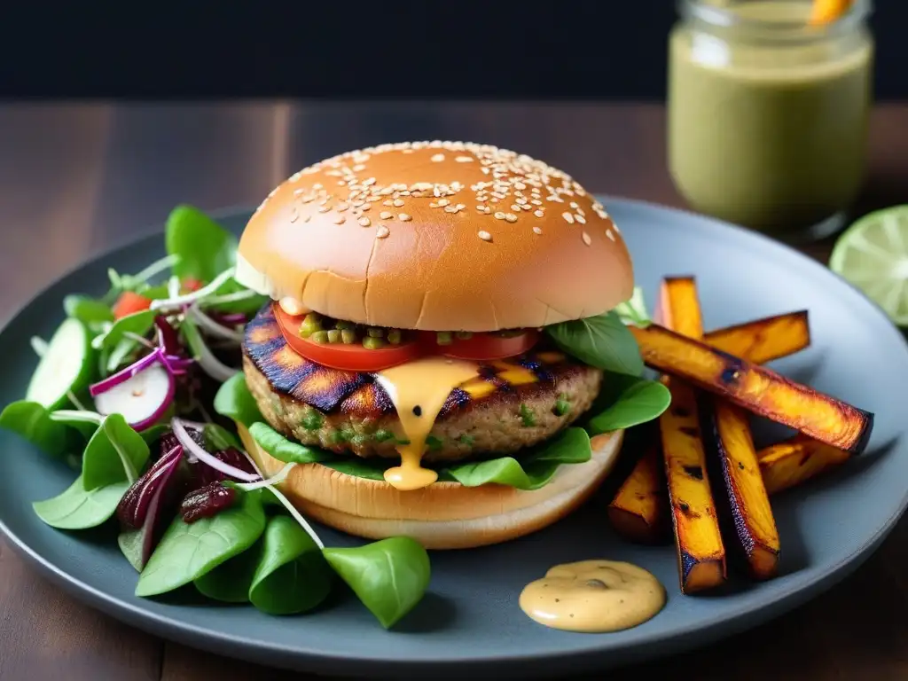 Deliciosa hamburguesa vegana con técnicas veganas de sustitución de platos tradicionales