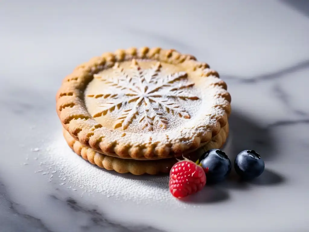 Deliciosa hojarasca vegana decorada con frutas, sobre encimera de mármol